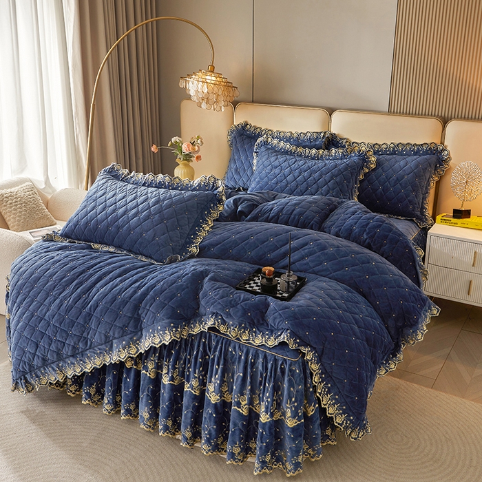 91家纺网 家纺一手货源 找家纺 罗艺轩 2024新款加厚宝宝绒夹棉床裙三件套-梦幻星辰 宝石蓝