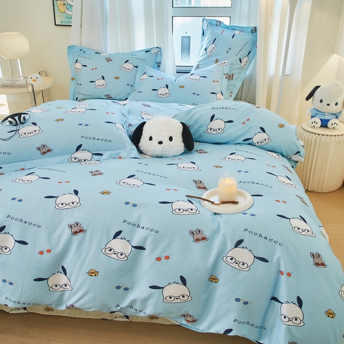 91家纺网 家纺一手货源 找家纺 蘭菲家纺 2024新款全棉小版卡通三丽鸥四件套 眼睛狗.蓝