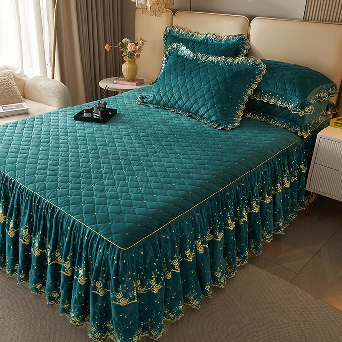 91家纺网 家纺一手货源 找家纺 罗艺轩 2024新款加厚宝宝绒夹棉床裙三件套-梦幻星辰 橄榄绿