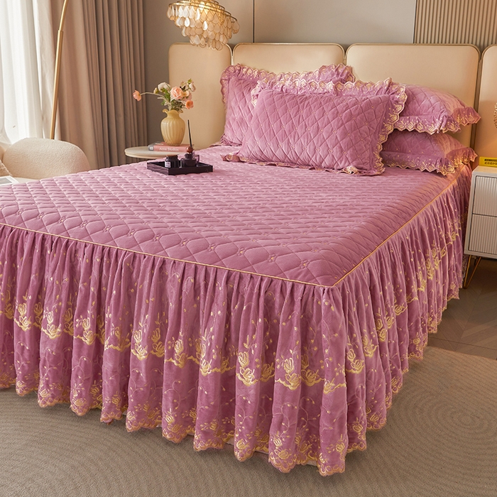 91家纺网 家纺一手货源 找家纺 罗艺轩 2024新款加厚宝宝绒夹棉床裙三件套-梦幻星辰 丁香紫