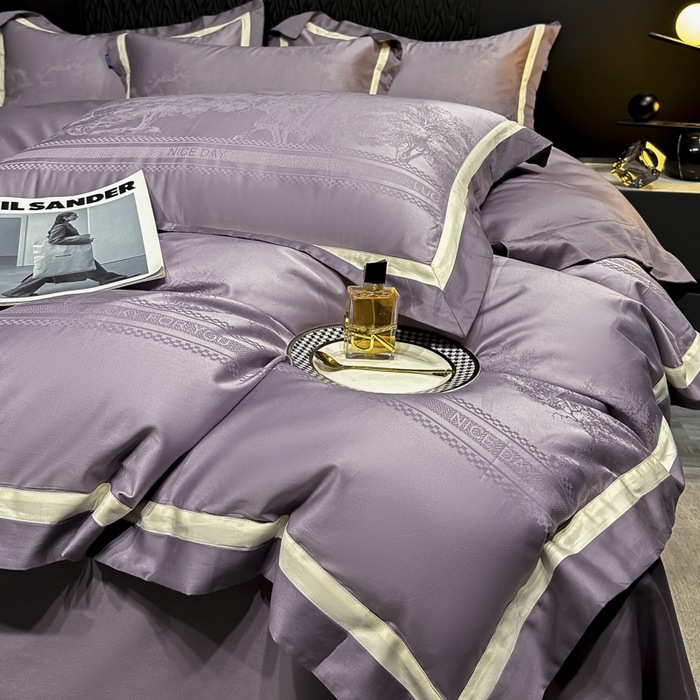 91家纺网 家纺一手货源 找家纺 雲归梦 2024新款轻奢双拼角全棉提花四件套 卡格洛-紫色