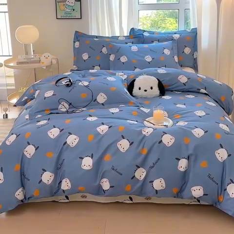 91家纺网 家纺一手货源 找家纺 蘭菲家纺 2024新款全棉小版卡通三丽鸥四件套 小金豆.灰