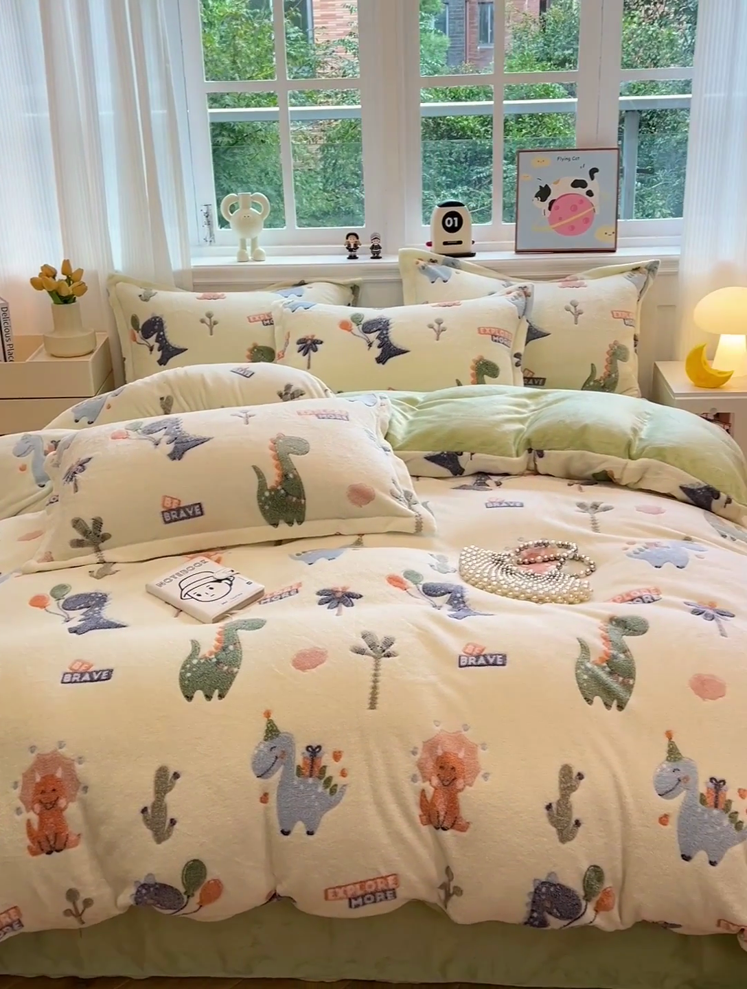 91家纺网 家纺一手货源 找家纺 韩巢家纺 2024新款加厚雪花绒牛奶绒珊瑚绒四件套-新品（提供卖家秀） 恐龙宝贝（绿）