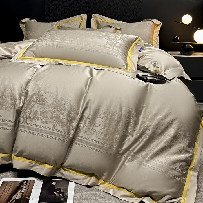 91家纺网 家纺一手货源 找家纺 雲归梦 2024新款轻奢双拼角全棉提花四件套 卡格洛-卡其