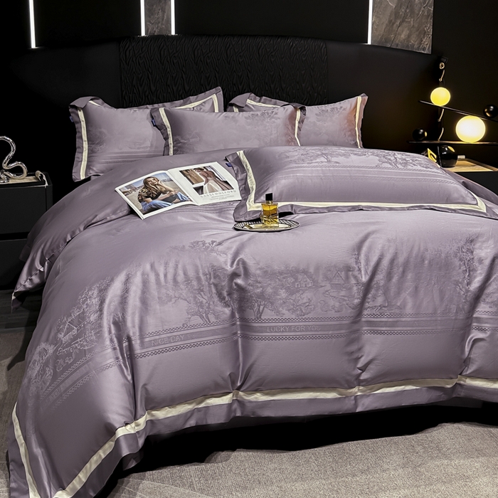 91家纺网 家纺一手货源 找家纺 雲归梦 2024新款轻奢双拼角全棉提花四件套 卡格洛-紫色