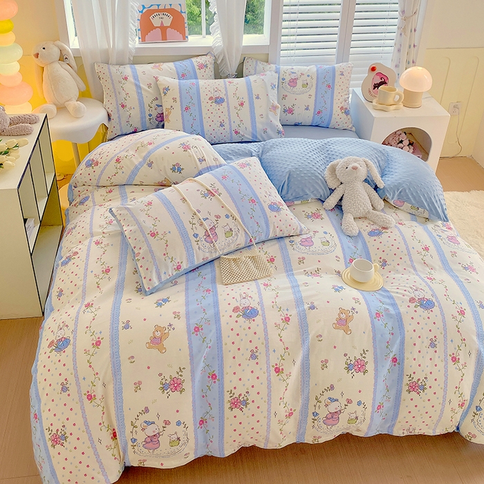 91家纺网 家纺一手货源 找家纺 金鑫汇家纺 2024新款棉加豆豆绒系列四件套 快乐萌兔