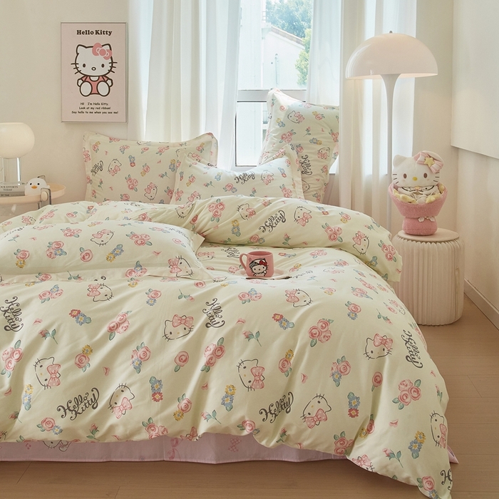 91家纺网 家纺一手货源 找家纺 蘭菲家纺 2024新款全棉小版卡通三丽鸥四件套 蜜蜜花园