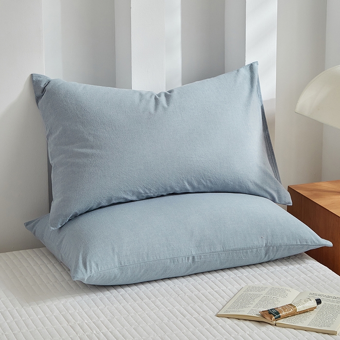 91家纺网 家纺一手货源 找家纺 呦呦南宋 纯棉简约款枕套 母婴级A类全棉色织水洗棉无印风单品一对装全棉枕头套 蓝色（简约款）
