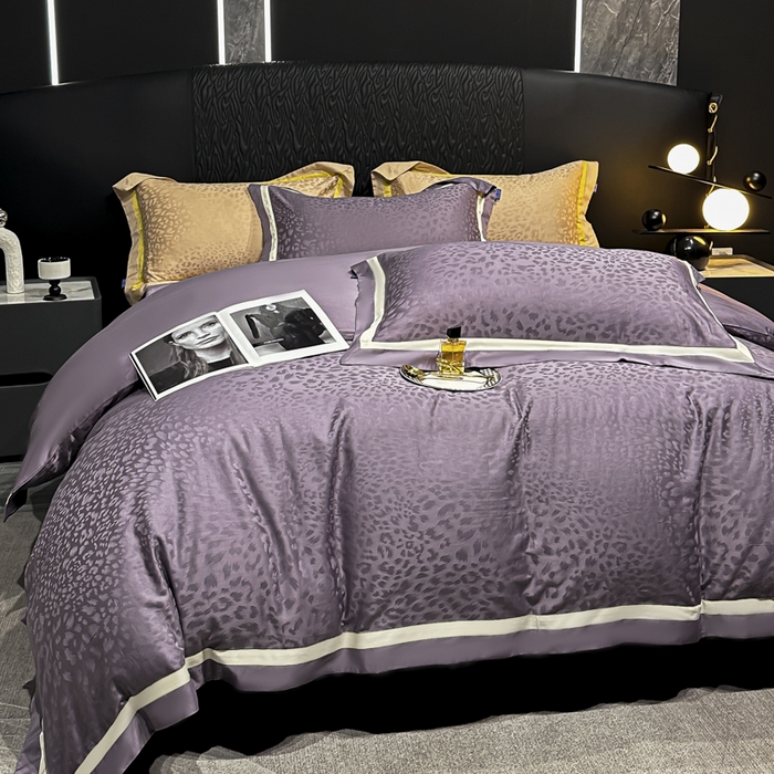 91家纺网 家纺一手货源 找家纺 雲归梦 2024新款轻奢双拼角全棉提花四件套 豹纹-魅力紫