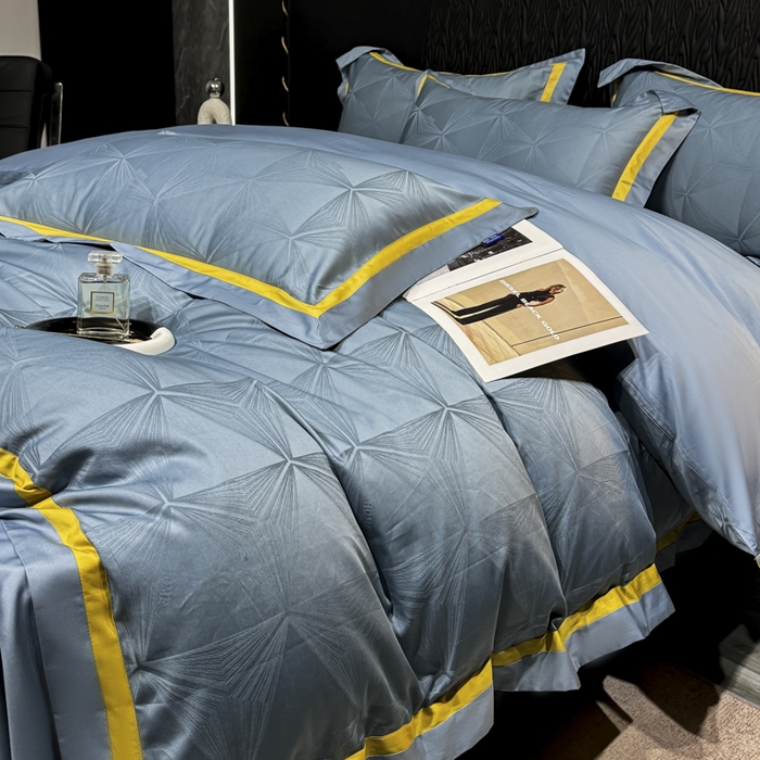 91家纺网 家纺一手货源 找家纺 雲归梦 2024新款轻奢双拼角全棉提花四件套 格拉斯-月光兰