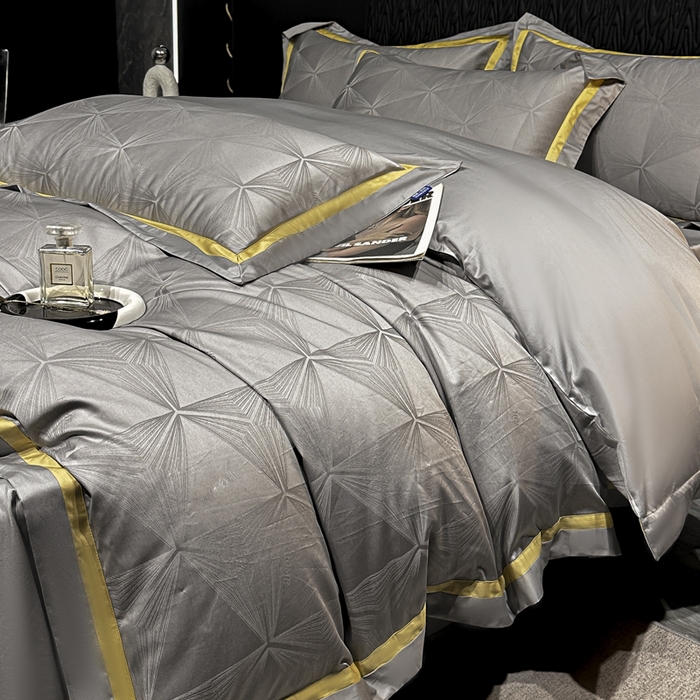 91家纺网 家纺一手货源 找家纺 雲归梦 2024新款轻奢双拼角全棉提花四件套 格拉斯-黎明灰