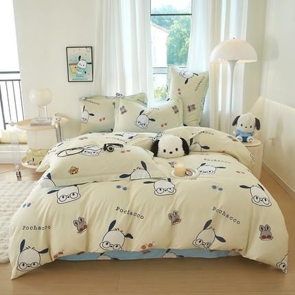 蘭菲家纺 2024新款全棉小版卡通三丽鸥四件套 大眼睛狗.米
