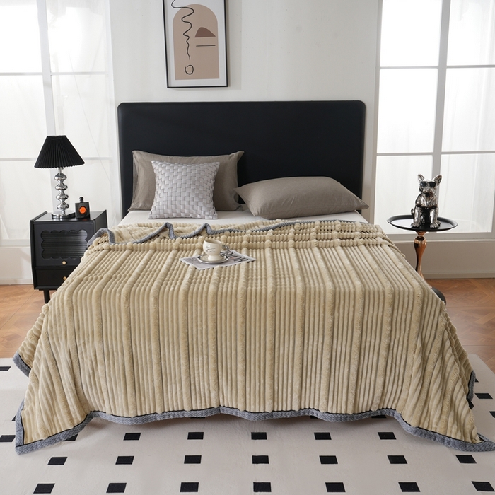 91家纺网 家纺一手货源 找家纺 巴木赫 2024新款子母抽条兔毛绒绒毯毯子 浅驼