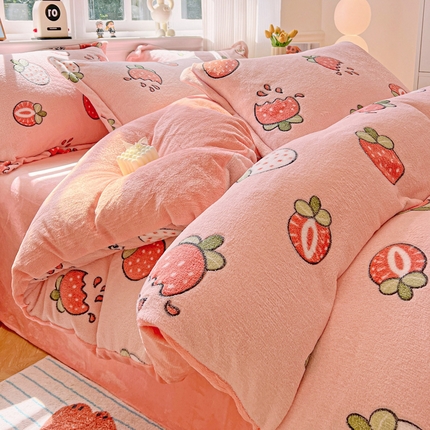 91家纺网 家纺一手货源 找家纺 韩巢家纺 2024新款加厚雪花绒牛奶绒珊瑚绒单件被套-新品（提供卖家秀 ） 奶油草莓
