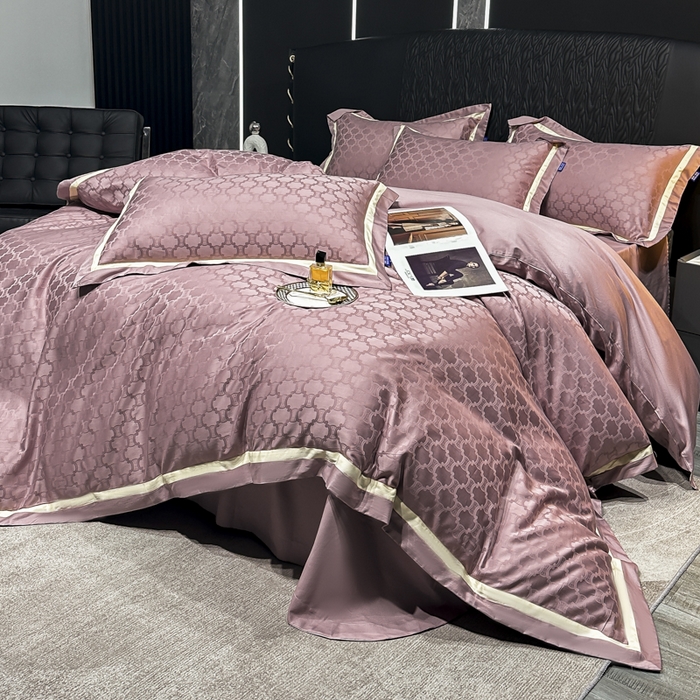 91家纺网 家纺一手货源 找家纺 雲归梦 2024新款轻奢双拼角全棉提花四件套 淤不染-豆沙