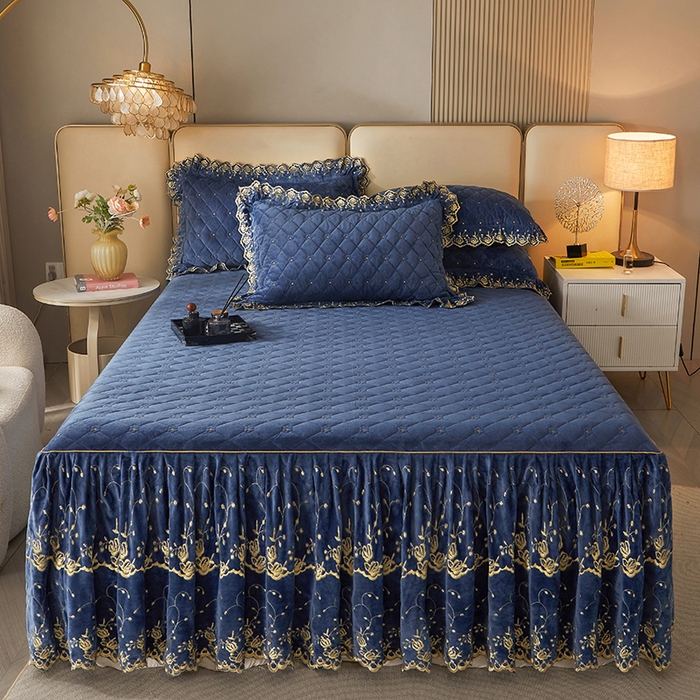 91家纺网 家纺一手货源 找家纺 罗艺轩 2024新款加厚宝宝绒夹棉床裙四件套-梦幻星辰 宝石蓝