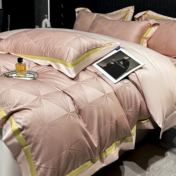 91家纺网 家纺一手货源 找家纺 雲归梦 2024新款轻奢双拼角全棉提花四件套 格拉斯-粉玉