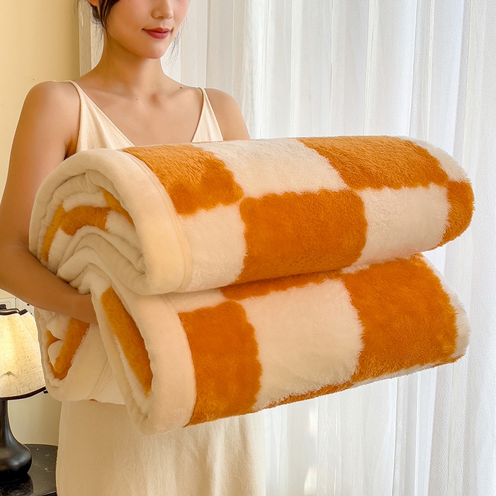 91家纺网 家纺一手货源 找家纺 慕木家纺 2025秋冬新款A类北极绒棋盘格双面毛毯 棋盘格双面绒毯-橘黄