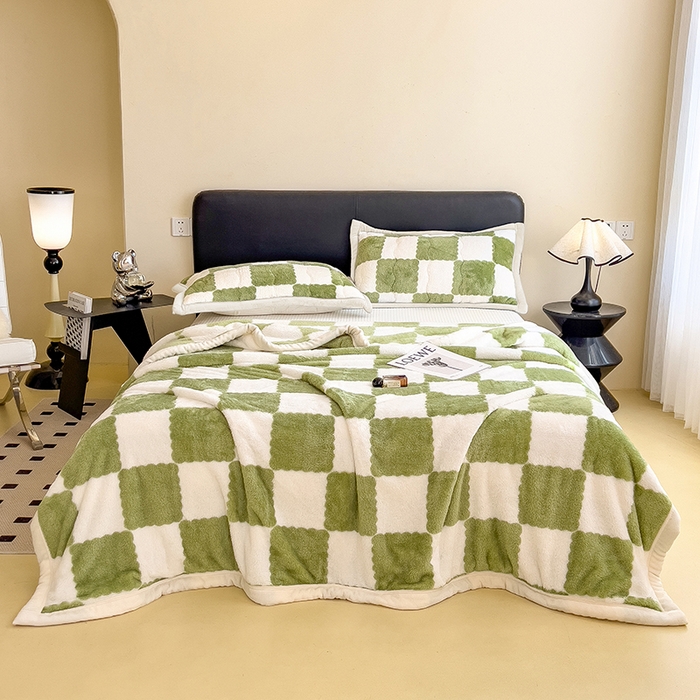 91家纺网 家纺一手货源 找家纺 慕木家纺 2025秋冬新款A类北极绒棋盘格双面毛毯 棋盘格双面绒毯-抹茶绿