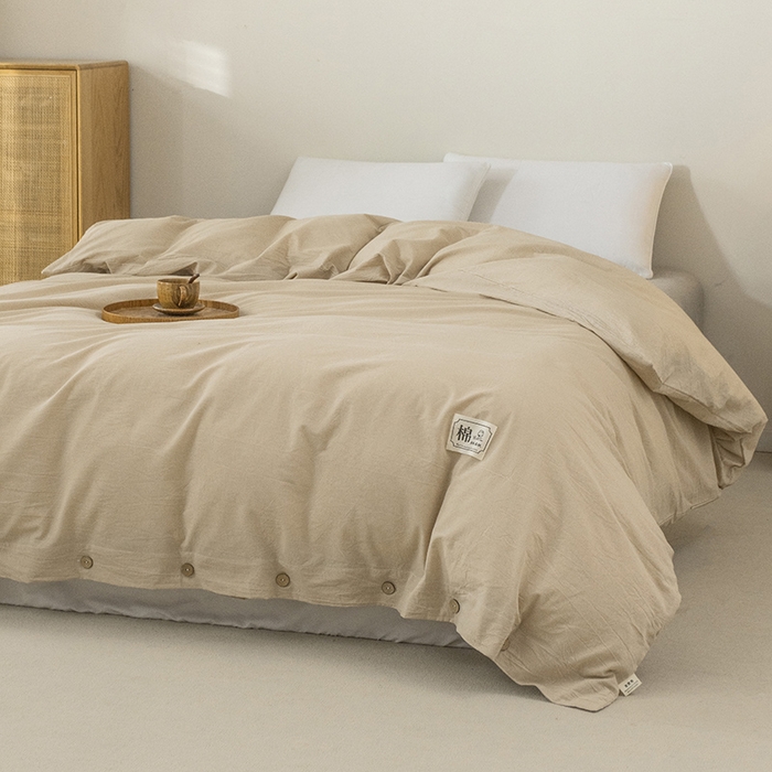 91家纺网 家纺一手货源 找家纺 呦呦南宋 纽扣款单被套A类纯棉  母婴级色织水洗棉 单件纯色被罩 无印风全棉单品被套 咖色