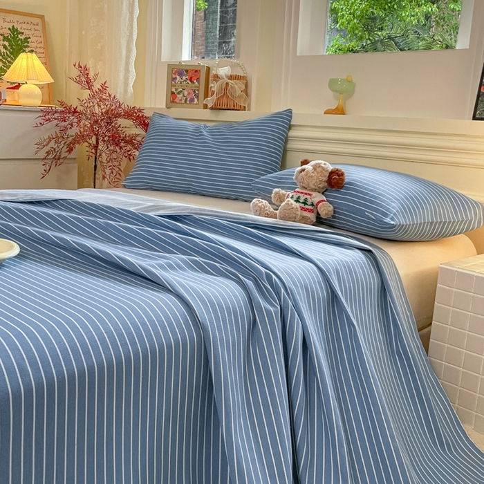 91家纺网 家纺一手货源 找家纺 义博家纺 2025新款全棉老粗布床单 蓝条纹