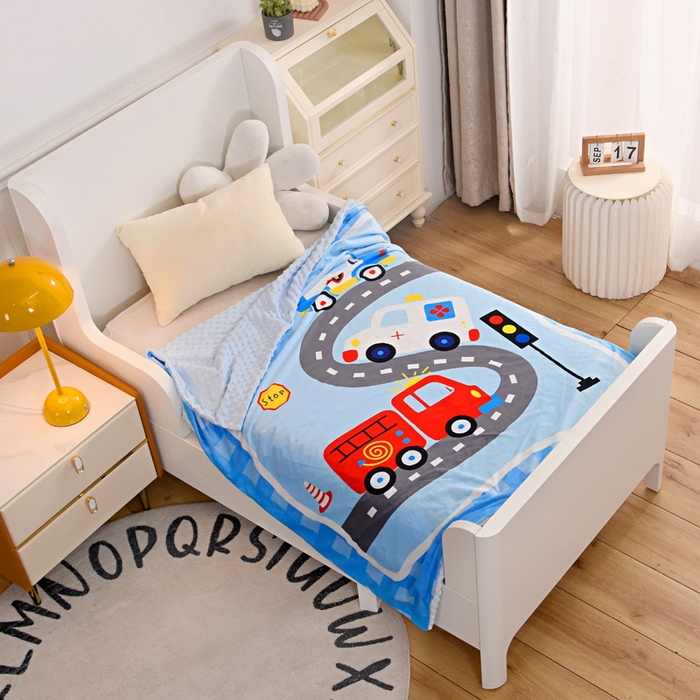 91家纺网 家纺一手货源 找家纺 萌宝家纺 2024新款可拆洗A类儿童豆豆绒大豆冬被儿童婴儿绒春秋被安抚被 汽车乐园-蓝