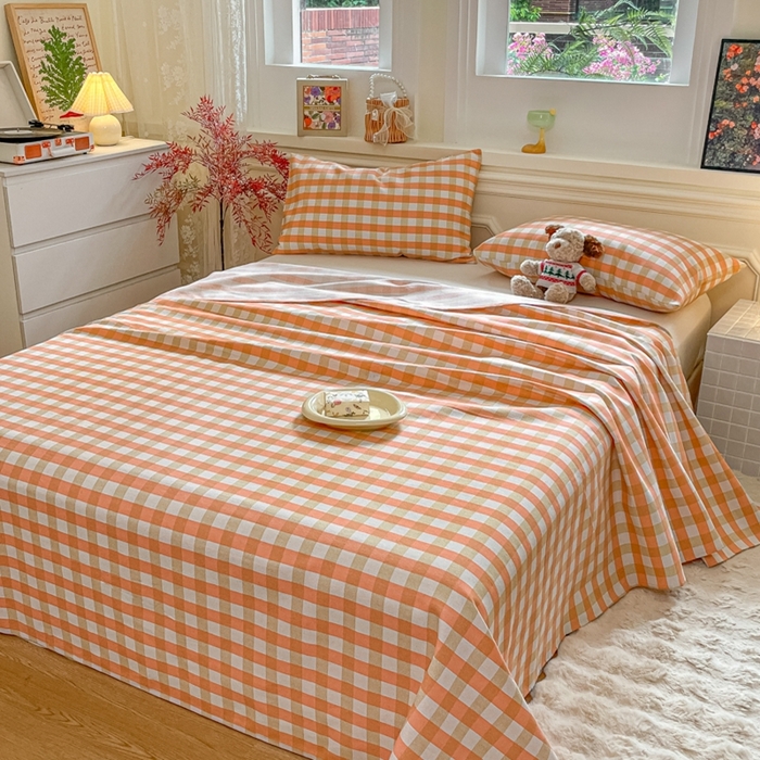 91家纺网 家纺一手货源 找家纺 义博家纺 2025新款全棉老粗布床单 粉咖大格