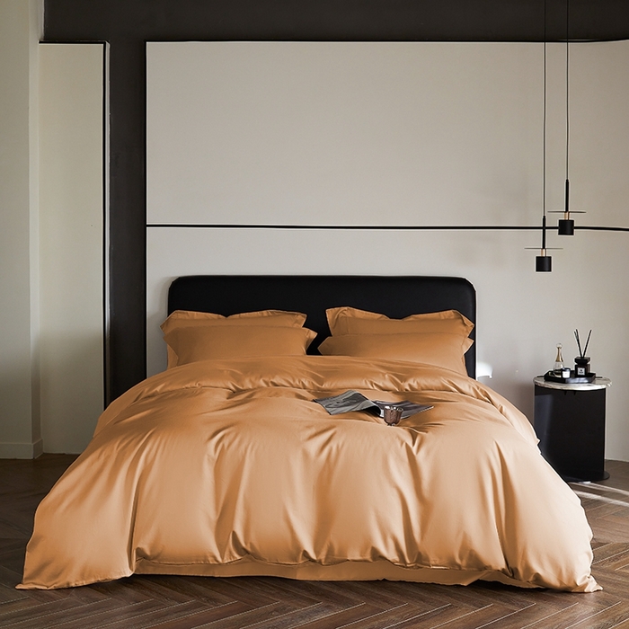 91家纺网 家纺一手货源 找家纺 秀色家纺 2025新款50支贡缎A类轻奢纯色长绒棉四件套全棉纯棉被套高级感床单三件套-雅克 雅克-南瓜橘