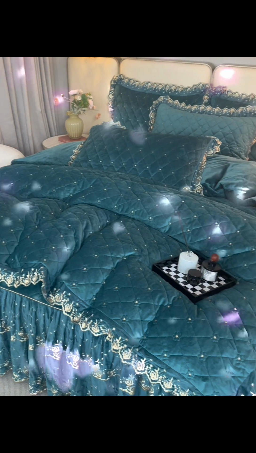 91家纺网 家纺一手货源 找家纺 罗艺轩 2024新款加厚宝宝绒夹棉床裙四件套-梦幻星辰 橄榄绿