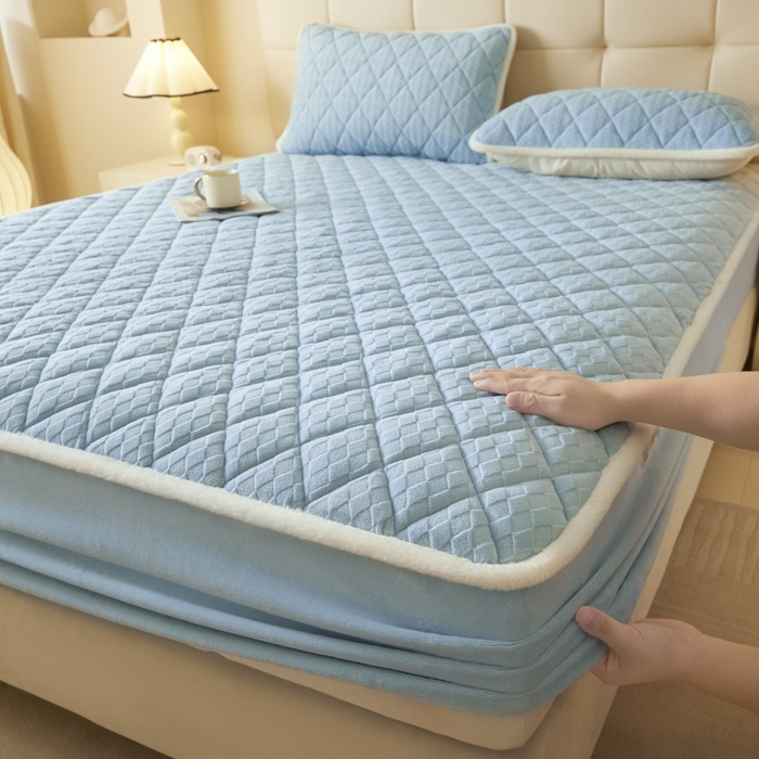 91家纺网 家纺一手货源 找家纺 鑫钰 2024秋冬新款加厚牛奶绒烂花夹棉床笠 菱形格-天蓝