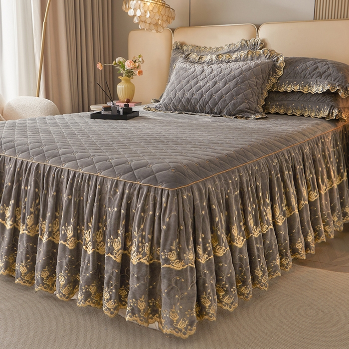 91家纺网 家纺一手货源 找家纺 罗艺轩 2024新款加厚宝宝绒夹棉床裙三件套-梦幻星辰 高级灰