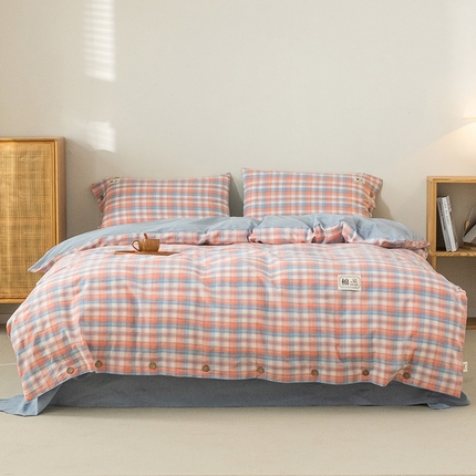 91家纺网 家纺一手货源 找家纺 （总）呦呦南宋 纽扣款四件套A类纯棉水洗棉色织无印风被套床单枕套纯色格子三件套母婴级全棉套件
