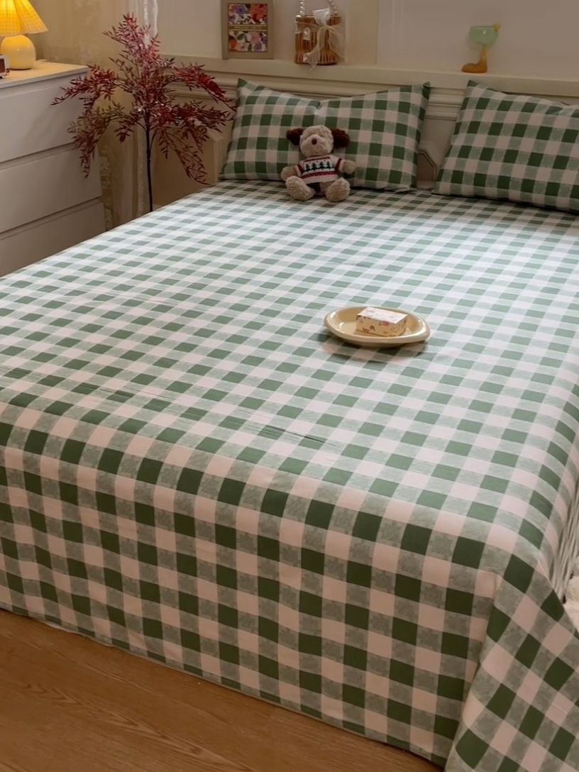 91家纺网 家纺一手货源 找家纺 义博家纺 2025新款全棉老粗布床单 绿大格