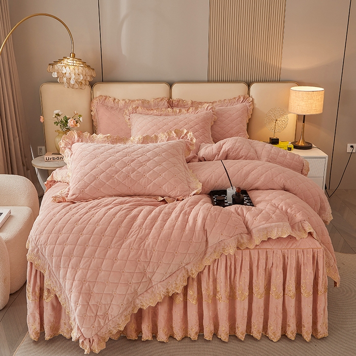 91家纺网 家纺一手货源 找家纺 罗艺轩 2024新款加厚宝宝绒夹棉床裙四件套-梦幻星辰 美人玉