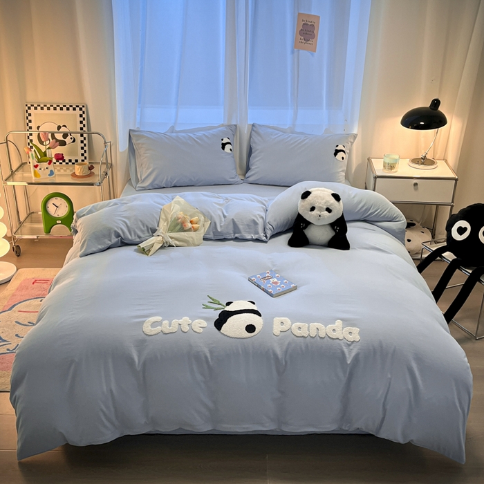 91家纺网 家纺一手货源 找家纺 葡萄家 2024新款超柔水洗棉毛巾绣四件套熊猫天空蓝