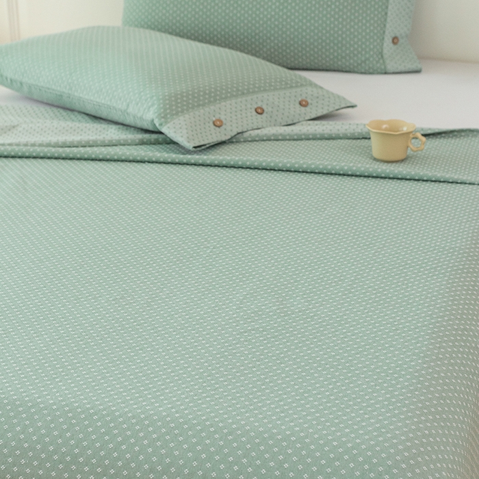 91家纺网 家纺一手货源 找家纺 呦呦南宋 2024新品婴幼儿A类纯棉老粗布立体提花床单三件套重磅精梳棉色织底纹粗布床单纽扣款套件 星空纹-绿