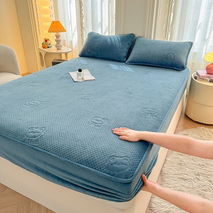 居眠 2024新款牛奶绒超声波like小熊夹棉大豆床笠 Like熊-雾蓝