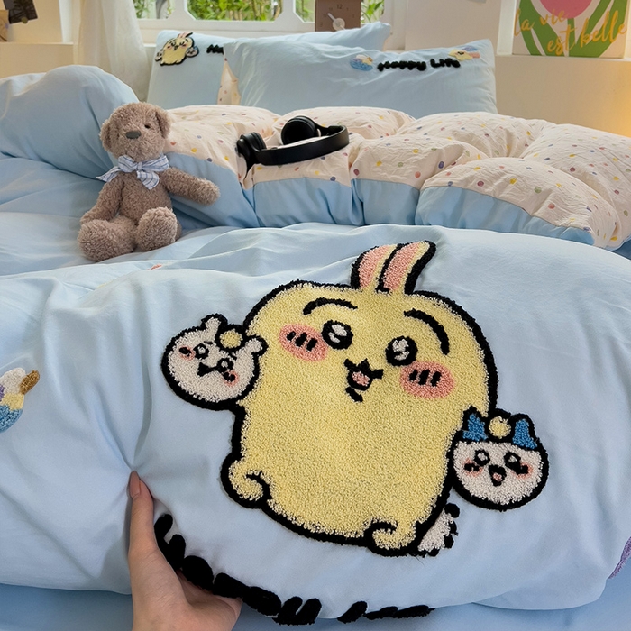 91家纺网 家纺一手货源 找家纺 眠帛家居 2024新款加厚磨毛水洗棉毛巾绣加印大版卡通四件套 卡哇伊