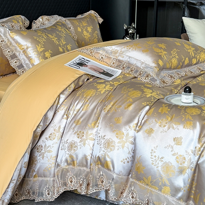 91家纺网 家纺一手货源 找家纺 七夜居 2025新款蕾丝花边欧式贡缎提花四件套礼盒装 花漾-黄