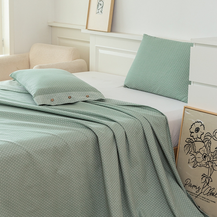 91家纺网 家纺一手货源 找家纺 呦呦南宋 2024新品婴幼儿A类纯棉老粗布立体提花床单三件套重磅精梳棉色织底纹粗布床单纽扣款套件 星空纹-绿