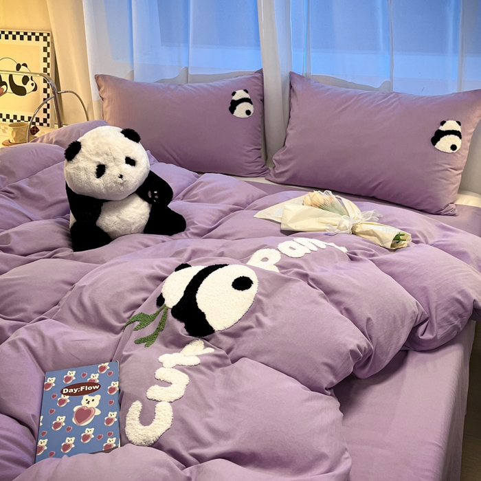 91家纺网 家纺一手货源 找家纺 葡萄家 2024新款超柔水洗棉毛巾绣四件套熊猫香芋紫