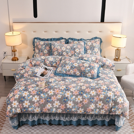 雅眠居 2025新款直播爆款牛奶绒印花床盖四件套双层蕾丝花边床裙单件三件套 美丽花园