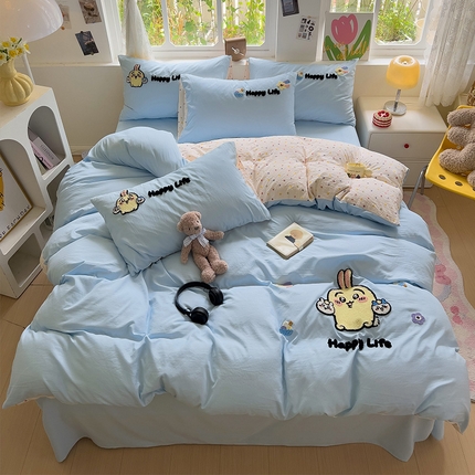91家纺网 家纺一手货源 找家纺 眠帛家居 2024新款加厚磨毛水洗棉毛巾绣加印大版卡通四件套 卡哇伊
