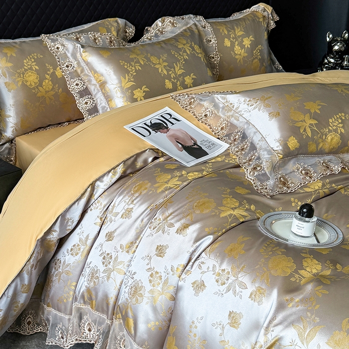 91家纺网 家纺一手货源 找家纺 七夜居 2025新款蕾丝花边欧式贡缎提花四件套礼盒装 花漾-黄