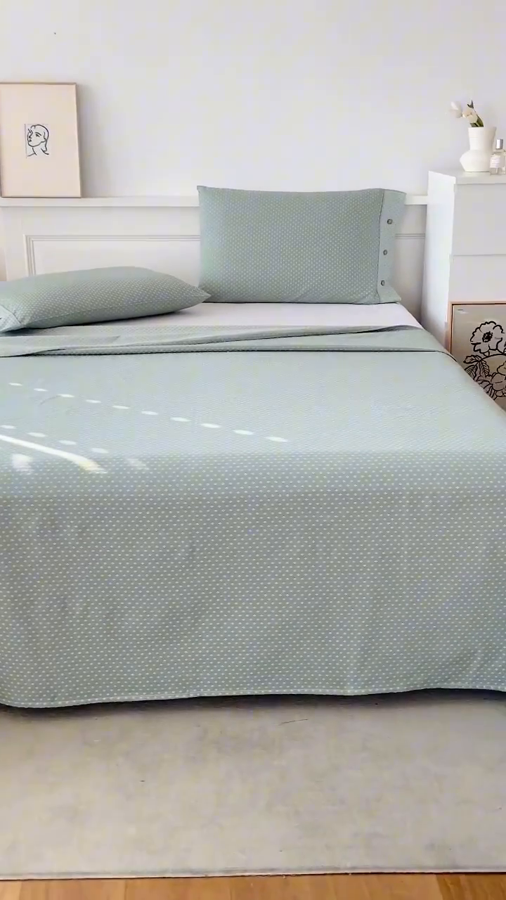 91家纺网 家纺一手货源 找家纺 呦呦南宋 2024新品婴幼儿A类纯棉老粗布立体提花床单三件套重磅精梳棉色织底纹粗布床单纽扣款套件 星空纹-绿