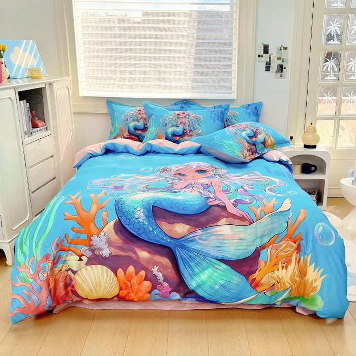 91家纺网 家纺一手货源 找家纺 浩诚 2024新款女孩款全棉大版卡通四件套 人鱼公主