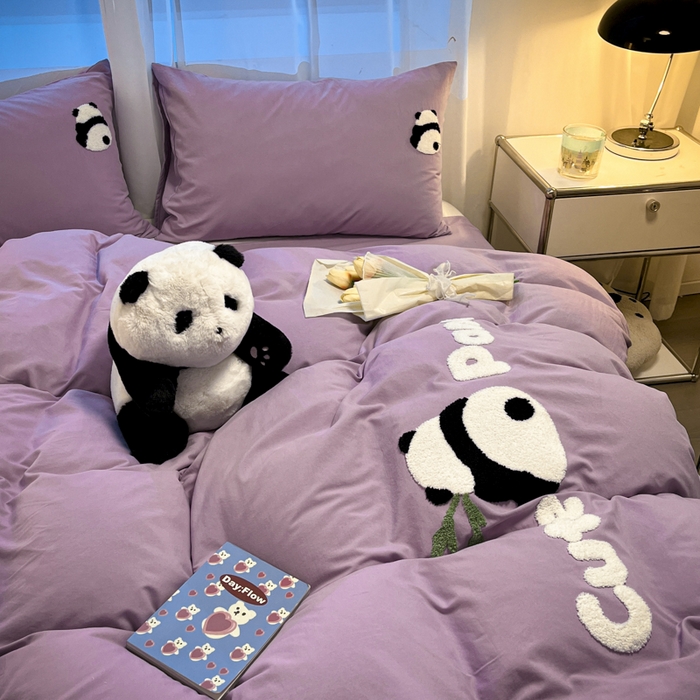 91家纺网 家纺一手货源 找家纺 葡萄家 2024新款超柔水洗棉毛巾绣四件套熊猫香芋紫