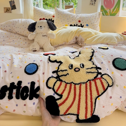 眠帛家居 2024新款加厚磨毛水洗棉毛巾绣加印大版卡通四件套 兔兔