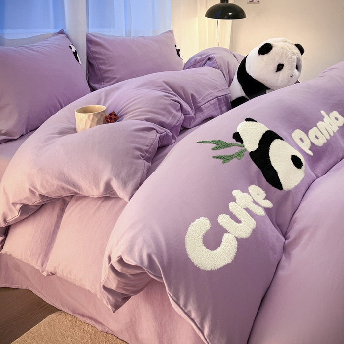 91家纺网 家纺一手货源 找家纺 葡萄家 2024新款超柔水洗棉毛巾绣四件套熊猫香芋紫