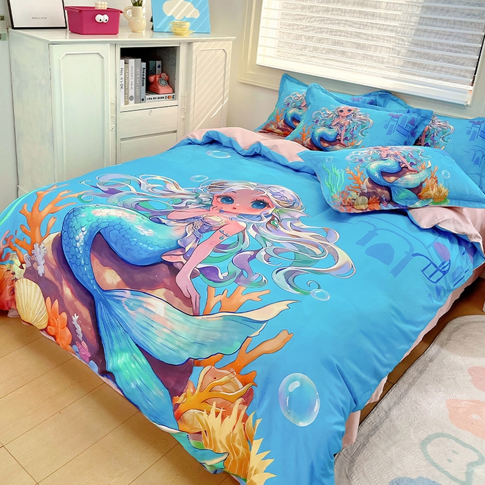 91家纺网 家纺一手货源 找家纺 浩诚 2024新款女孩款全棉大版卡通四件套 人鱼公主